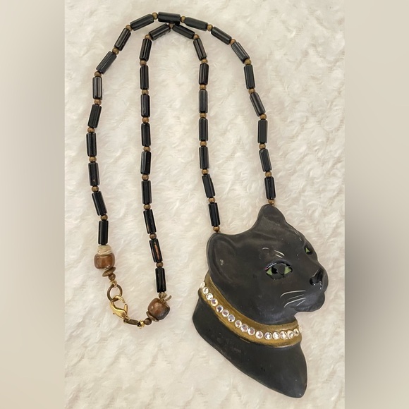 Vtg Signed Carol Halmy Porcelain Jaguar Black Panther & Bead Pendant Necklace - Picture 1 of 5